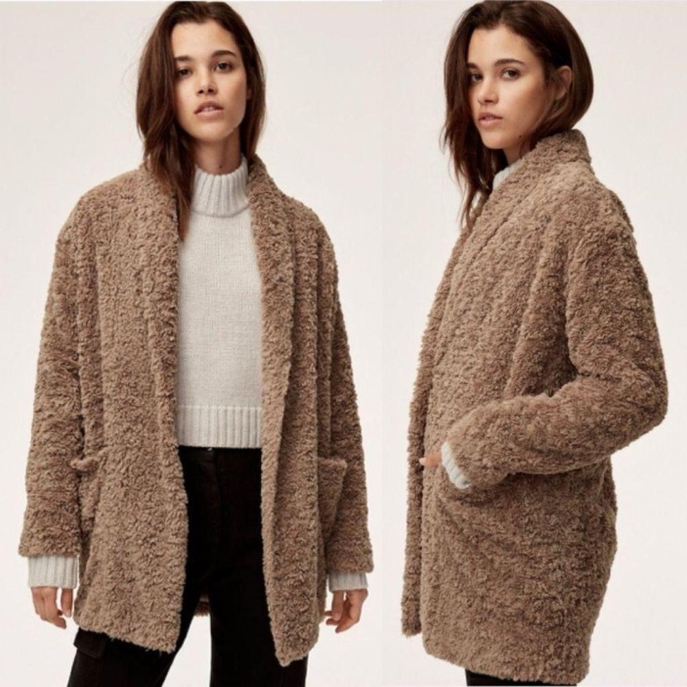 Aritzia Wilfred Grete Plush Teddy Longline Coat Tan Brown size Small
